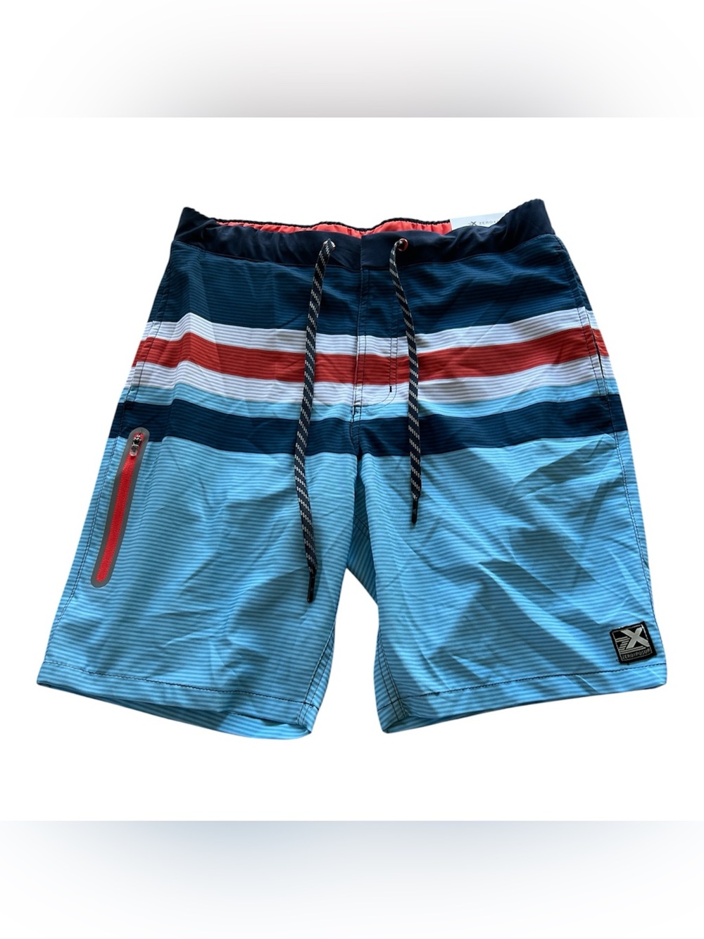 ZeroXposur Light & Navy Blue Striped Swim Trunks with Red Zip Accent